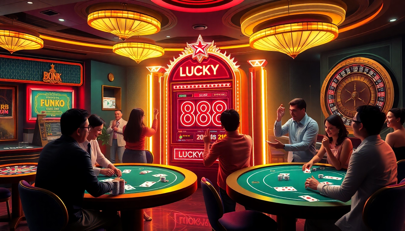 Players enjoying the LUCKY88 slot machine in a vibrant casino atmosphere